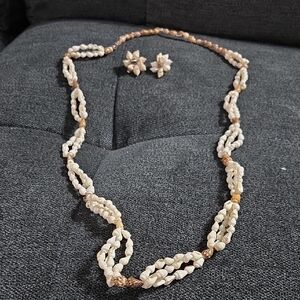 Hand Crafted Cream‎ and Gold Seashell Set (Necklace & Clip-On Earrings)